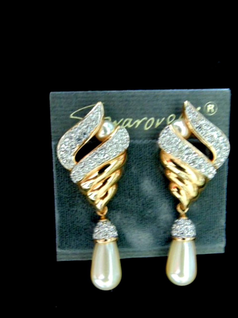 NOS Vtg 80s Swarovski Pave Crystals Pearl Gold Seashell Plated Dangle Earrings
